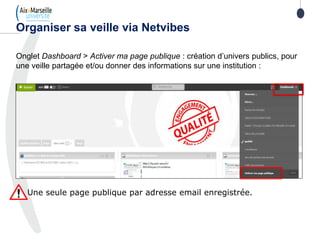 Onglet Dashboard > Activer ma page publique : création d’univers publics, pour
une veille partagée et/ou donner des informations sur une institution :
Une seule page publique par adresse email enregistrée.
Organiser sa veille via Netvibes
 