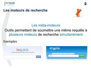 Les moteurs de recherche
Les méta-moteurs
Outils permettant de soumettre une même requête à
plusieurs moteurs de recherche simultanément
Exemples
54
 
