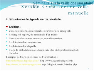 Session 3 : réaliser une veille manuelle 2. Détermination des types de sources potentielles  Les blogs  : Collecte d’information spécialisée sur des sujets émergents  Repérage d’experts, de passionnés d’un thème Liens vers des sources connexes, complémentaires Exploitation des commentaires Exploitation des blogrolls  Blogs de bibliothèques, de documentalistes et de professionnels de l’infodoc Exemples de blogs en sciences de l’information : http://affordance.typepad.com/   http://www.vagabondages.org/  http://www.les-infostrateges.com  http://blogbbf.enssib.fr/index.php Séminaire sur la veille documentaire 