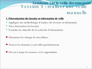 Session 3 : réaliser une veille manuelle 1. Détermination des besoins en information de veille Appliquer une méthodologie d’analyse des besoins en information Trier, hiérarchiser les besoins Formuler les objectifs de la recherche d’informations Déterminer les champs de surveillance Trouver les domaines à surveiller prioritairement Prévoir à temps les menaces et les opportunités Séminaire sur la veille documentaire 