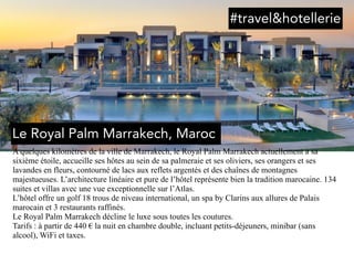 A quelques kilomètres de la ville de Marrakech, le Royal Palm Marrakech actuellement a sa
sixième étoile, accueille ses hôtes au sein de sa palmeraie et ses oliviers, ses orangers et ses
lavandes en fleurs, contourné de lacs aux reflets argentés et des chaînes de montagnes
majestueuses. L’architecture linéaire et pure de l’hôtel représente bien la tradition marocaine. 134
suites et villas avec une vue exceptionnelle sur l’Atlas.
L’hôtel offre un golf 18 trous de niveau international, un spa by Clarins aux allures de Palais
marocain et 3 restaurants raffinés.
Le Royal Palm Marrakech décline le luxe sous toutes les coutures. 
Tarifs : à partir de 440 € la nuit en chambre double, incluant petits-déjeuners, minibar (sans
alcool), WiFi et taxes.
Le Royal Palm Marrakech, Maroc
#travel&hotellerie
 
