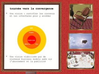 tournée vers la convergence Une vision : contrôler les contenus et les interfaces pour y accéder Une vision viabilisée par de nouveaux business models axés sur l’abonnement et la publicité Individu Mobile Foyer Pro MSN 