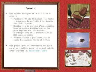 Demain Une offre élargie en « off line » avec :  Publicité Tv via Mediaroom (en France : interface Tv et vidéo à la demande sur Club Internet) Mobiles via le système d’exploitation pour téléphone Windows Mobile (le plus répandu sur les mobiles d’entreprises) et l’exploitation de MSN version mobile Professionnels : publicité sur la suite bureautique Works et Office Une politique d’innovation de plus en plus visible pour le grand public avec l’accès au  Microsoft  Labs 