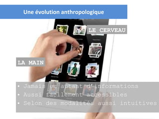 Une évolution anthropologique Jamais eu autant d’informations Aussi facilement accessibles Selon des modalités aussi intuitives LE CERVEAU LA MAIN 