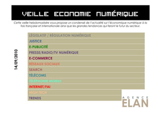 Cette veille hebdomadaire vous propose un condensé de l’actualité sur l’économique numérique à la
     fois française et internationale ainsi que les grandes tendances qui feront le futur du secteur.


             LÉGISLATIF / RÉGULATION NUMÉRIQUE
             JUSTICE
             E-PUBLICITÉ
14/09/2010




             PRESSE/RADIO/TV NUMÉRIQUE
             E-COMMERCE
             RÉSEAUX SOCIAUX
             SEARCH
             TÉLÉCOMS
             TÉLÉPHONIE MOBILE
             INTERNET/FAI
             HIGH TECH
             TRENDS
 