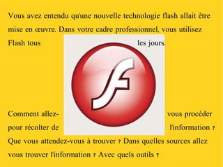 Vous avez entendu qu'une nouvelle technologie flash allait être mise en  œ uvre. Dans votre cadre professionnel, vous utilisez Flash tous les jours. Comment allez- vous procéder pour récolter de  l'information ? Que vous attendez-vous à trouver ? Dans quelles sources allez vous trouver l'information ? Avec quels outils ? 
