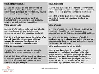 Veille concurrentielle :                          Veille marketing :
 
Analyse de l'évolution des concurrents de         Analyse des évolution d’un marché, comportement
l’entreprise : prix, fournisseurs, stratégie      des consommateurs, communication des entreprises,
d’entreprise, politique de recrutement, moyens    retombée de ses propres campagnes marketing.
de communication employés, etc.
                                                  Peut être utilisée pour identifier de nouveaux
Peut être utilisée comme un outil de              marchés et lancer de nouveaux produits ou
benchmarking pour comparer des produits,          campagnes.
services ou méthodes de production
Veille commerciale :                              Veille d'image :

Analyse d'informations relatives aux clients,     La veille d’image renvoie à l’image (positive ou
aux fournisseurs et aux distributeurs             négative) véhiculée par une marque, une
(signature de contrats, nouveaux produits).       organisation, un service, une personnalité publique.

Peut être utilisée pour suivre l’évolution d’un   Sur internet, on parle également d’identité
marché, identifier de nouveaux clients,           numérique ou de e-réputation, qui a pris une part
trouver de nouveaux fournisseurs (prix,           prépondérante dans la vie des entreprises depuis
qualité des produits proposés, etc.).             l’avènement du web 2.0.
Veille technologique :                            Veille environnementale et sociétale :

Évolution des normes et des technologies          Analyse des évolutions de la société parmi
(dépôts de brevets, nouveaux process).            lesquelles les évolutions sociales, culturelles,
                                                  démographiques, politiques (opinions en période
Peut et doit être utilisée avant de développer    électorale par ex.), économiques (croissance,
un nouveau produit, et pour vérifier les          récession), les évolutions juridiques ou fiscales
critères d'obtention d'un brevet ou d'une         autour de tel ou tel produit ou service, les
certification par exemple.                        évènements qui peuvent avoir lieu, etc.


                                        www.amelie-broutin.com                                        6
 