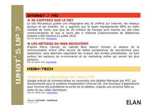   30 CHIFFRES SUR LE NET
Le site Minutebuzz publie une infographie des 30 chiffres sur Internet, les réseaux
sociaux et les mobiles. On y apprend que le spam représenterait 88% du trafic
mondial de mails, que plus de 20 millions de français sont inscrits sur des sites
communautaires et que la barre des 5 milliards d’abonnements de téléphones
mobiles a été franchie en juillet 2010.
Pour en savoir plus: Minutebuzz


 LES MÉTIERS DU WEB RECRUTENT
D’après Pierre Cannet, du cabinet Blue Search Conseil, le secteur de la
communication online offre encore de belles perspectives de recrutement pour
septembre, sans atteindre cependant les niveaux des années précédentes. Ce sont
surtout les secteurs du e-commerce et du marketing online qui seront les plus
porteurs.
Pour en savoir plus: Frenchweb




 GOOGLE LANCERAIT SA TABLETTE
Google prévoit de commercialiser en novembre une tablette fabriquée par HTC, qui
fonctionnerait sous le système d’exploitation Chrome OS. Une boutique d’applications
pour Chrome OS précéderait la sortie de la tablette, d’après une annonce faite au
salon du jeu vidéo Gamescom.
Pour en savoir plus: L’Expansion




23/08/2010
 