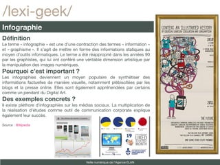 /lexi-geek/
Infographie
Définition
Le terme « infographie » est une d’une contraction des termes « information »
et « graphisme ». Il s’agit de mettre en forme des informations statiques au
moyen d’outils informatiques. Le terme a été réapproprié dans les années 90
par les graphistes, qui lui ont conféré une véritable dimension artistique par
la manipulation des images numériques.
Pourquoi c’est important ?
Les infographies deviennent un moyen populaire de synthétiser des
informations factuelles de manière visuelle, notamment plébiscitées par les
blogs et la presse online. Elles sont également appréhendées par certains
comme un pendant du Digital Art.
Des exemples concrets ?
Il existe pléthore d’infographies sur les médias sociaux. La multiplication de
la réalisation d’études comme outil de communication corporate explique
également leur succès.

Source : Wikipedia




                                            Veille numérique de l’Agence ELAN
 