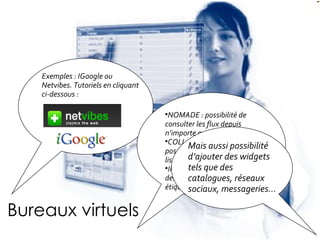 Bureaux virtuels NOMADE : possibilité de consulter les flux depuis n’importe quel poste COLLABORATIF : partage possible des flux grâce à des listes de favoris INDEX É  : possibilité d’ajouter des notes et des tags ou étiquettes Exemples : IGoogle ou Netvibes. Tutoriels en cliquant ci-dessous :   Mais aussi possibilité d’ajouter des widgets tels que des catalogues, réseaux sociaux, messageries… 