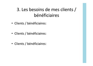 3.	Les	besoins	de	mes	clients	/	
bénéficiaires	
•  Clients	/	bénéficiaires:	
	
•  Clients	/	bénéficiaires:	
	
•  Clients	/	bénéficiaires:	
 