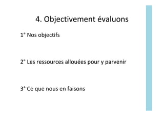 4.	Objectivement	évaluons	
1°	Nos	objectifs	
	
	
2°	Les	ressources	allouées	pour	y	parvenir	
	
	
3°	Ce	que	nous	en	faisons	
	
 