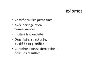 axiomes	
•  Centrée	sur	les	personnes	
•  Axée	partage	et	co-
connaissances	
•  Incite	à	la	créativité	
•  Organisée:	structurée,	
qualifiée	et	planifiée	
•  Concrète	dans	sa	démarche	et	
dans	ses	résultats	
 