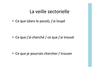 La	veille	sectorielle	
•  Ce	que	(dans	le	passé),	j’ai	loupé	
•  Ce	que	j’ai	cherché	/	ce	que	j’ai	trouvé	
•  Ce	que	je	pourrais	chercher	/	trouver	
 
