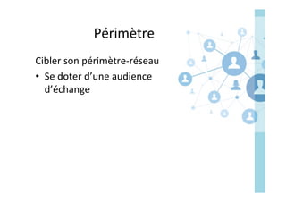 Périmètre	
Cibler	son	périmètre-réseau	
•  Se	doter	d’une	audience	
d’échange	
 