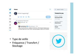 •  Type	de	veille	
•  Fréquence	/	Transfert	/	
Stockage	
 