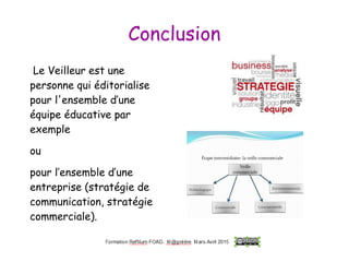Conclusion
Le Veilleur est une
personne qui éditorialise
pour l'ensemble d’une
équipe éducative par
exemple
ou
pour l’ensemble d’une
entreprise (stratégie de
communication, stratégie
commerciale).
 