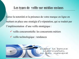 Les types de veille sur médias sociaux
Gérez la notoriété et la présence de votre marque en ligne en
mettant en place une stratégie d’e-réputation, qui se traduit par
l’implémentation d’une veille stratégique :
 veille concurrentielle: les concurrents métiers
 veille technologique : tendances
 