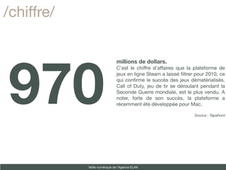 /chiffre/




970
                              millions de dollars.
                              C’est le chiffre d’affaires que la plateforme de
                              jeux en ligne Steam a laissé fltrer pour 2010, ce
                              qui confrme le succès des jeux dématérialisés.
                              Call of Duty, jeu de tir se déroulant pendant la
                              Seconde Guerre mondiale, est le plus vendu. A
                              noter, forte de son succès, la plateforme a
                              récemment été développée pour Mac.

                                                                 Source : Tapahont




            Veille numérique de l’Agence ELAN
 