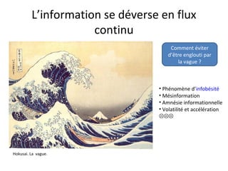 L’information se déverse en flux
continu
Comment éviter
d’être englouti par
la vague ?
Hokusai. La vague.
• Phénomène d’infobésité
• Mésinformation
• Amnésie informationnelle
• Volatilité et accélération

 