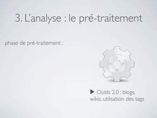 3. L’analyse : le pré-traitement

phase de pré-traitement :




                            ▶ Outils 2.0 : blogs,
                            wikis, utilisation des tags
 