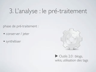 3. L’analyse : le pré-traitement

phase de pré-traitement :

• conserver / jeter
• synthétiser


                            ▶ Outils 2.0 : blogs,
                            wikis, utilisation des tags
 