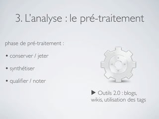 3. L’analyse : le pré-traitement

phase de pré-traitement :

• conserver / jeter
• synthétiser
• qualiﬁer / noter
                            ▶ Outils 2.0 : blogs,
                            wikis, utilisation des tags
 