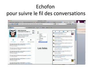 Echofon
pour suivre le fil des conversations




              Les listes
 