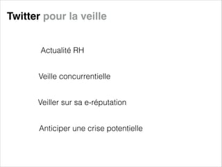 Twitter pour la veille
Actualité RH
Veille concurrentielle
Veiller sur sa e-réputation
Anticiper une crise potentielle

 