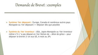  Système 1ier déposant : Europe, Canada et nombreux autres pays
Monopole au 1ier déposant => Déposer dès que possible
 Système du 1ier inventeur : USA, Japon Monopole au 1ier inventeur
même s’il n ’a pas déposé en 1ier Notion de « délai de grâce » pour
déposer le brevet (1 an aux US, 6 mois au JP)
Demande de Brevet : exemples
 