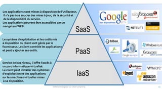 Les applications sont misses à disposition de l’utilisateur,
il n’a pas à se soucier des mises à jour, de la sécurité et
de la disponibilité du service.
Les applications peuvent être accessibles par un
navigateur WEB.
Le système d’exploitation et les outils mis
à disposition du client sont gérés par le
fournisseur. Le client contrôle les applications
et peut y ajouter ses outils.
Service de bas niveau, il offre l’accès à
un parc informatique virtualisé.
Le client peut installer des systèmes
d’exploitation et des applications
sur les machines virtuelles mises
à sa disposition.
Veille technologique : Le Cloud Computing 11
 