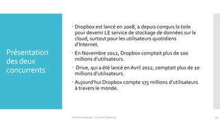 Présentation
des deux
concurrents
 Dropbox est lancé en 2008, a depuis conquis la toile
pour devenir LE service de stockage de données sur le
cloud, surtout pour les utilisateurs quotidiens
d’Internet.
 En Novembre 2012, Dropbox comptait plus de 100
millions d’utilisateurs.
 Drive, qui a été lancé en Avril 2012, comptait plus de 10
millions d’utilisateurs.
 Aujourd’hui Dropbox compte 175 millions d’utilisateurs
à travers le monde.
Veille technologique : Le Cloud Computing 14
 