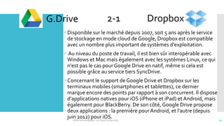  Disponible sur le marché depuis 2007, soit 5 ans après le service
de stockage en mode cloud de Google, Dropbox est compatible
avec un nombre plus important de systèmes d'exploitation.
 Au niveau du poste de travail, il est bien sûr interopérable avec
Windows et Mac mais également avec les systèmes Linux, ce qui
n'est pas le cas pourGoogle Drive en natif, même si cela est
possible grâce au service tiers SyncDrive.
 Concernant le support de Google Drive et Dropbox sur les
terminaux mobiles (smartphones et tablettes), ce dernier
marque encore des points par rapport à son concurrent. Il dispose
d'applications natives pour iOS (iPhone et iPad) et Android, mais
également pour BlackBerry. De son côté, Google Drive propose
deux applications : la première pourAndroid, et l'autre (depuis
juin 2012) pour iOS.
G.Drive Dropbox2-1
Veille technologique : Le Cloud Computing 25
 