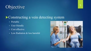 Objective
Constructing a vein detecting system
• Portable
• User friendly
• Cost effective
• Low Radiation & less harmful
5
 
