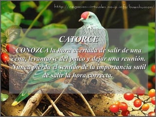 CATORCE CONOZCA la hora acertada de salir de una cena, levantarse del palco y dejar una reunión. Nunca pierda el sentido de la importancia sutil de salir la hora correcta.  