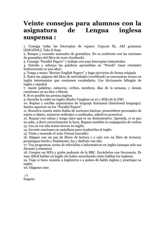Veinte consejos para alumnos con inglés suspenso (E Fouz)