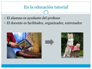 En la educación tutorial
 El alumno es ayudante del profesor
 El docente es facilitador, organizador, entrenador
 