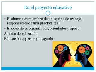 En el proyecto educativo
 El alumno es miembro de un equipo de trabajo,
responsables de una práctica real
 El docente es organizador, orientador y apoyo
Ámbito de aplicación:
Educación superior y posgrado
 