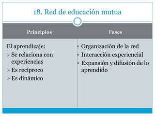 Principios Fases
El aprendizaje:
Se relaciona con
experiencias
Es recíproco
Es dinámico
 Organización de la red
 Interacción experiencial
 Expansión y difusión de lo
aprendido
18. Red de educación mutua
 