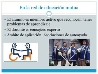 En la red de educación mutua
 El alumno es miembro activo que reconocen tener
problemas de aprendizaje
 El docente es consejero experto
 Ámbito de aplicación: Asociaciones de autoayuda
 