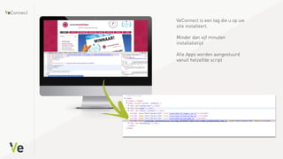 VeConnect is een tag die u op uw
site installeert.
Minder dan vijf minuten
installatietijd
Alle Apps worden aangestuurd
vanuit hetzelfde script
 
