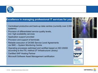 Core expertise: Operation Excellence in managing professional IT services for you Centralised productive and back-up data centres (currently over 2,000 server systems) Provision of differentiated service quality levels, incl. high-availability services Application support provided  Provision and support of terminals Reliable execution of 24/365 Service Level Agreements  via SMC – System Monitoring Centre Operating processes optimised and certified based on ISO 20000  according to the ITIL method (IT Infrastructure Library) Certified SAP Hosting Partner  Microsoft Software Asset Management certification 