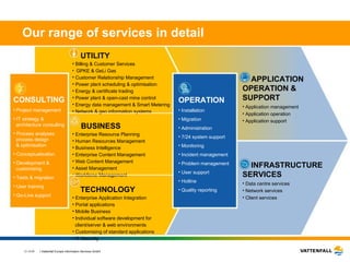 Our range of services in detail CONSULTING Project management IT strategy &   architecture consulting Process analyses   process design    & optimisation Conceptualisation Development &   customising Tests & migration User training Go-Live support APPLICATION OPERATION &  SUPPORT Application management Application operation Application support INFRASTRUCTURE  SERVICES Data centre services Network services Client services OPERATION Installation Migration Administration 7/24 system support Monitoring Incident management Problem management User support Hotline Quality reporting   UTILITY Billing & Customer Services  GPKE & GeLi Gas   Customer Relationship Management Power plant scheduling & optimisation Energy & certificate trading Power plant & open-cast mine control Energy data management & Smart Metering Network & geo information systems BUSINESS  Enterprise Resource Planning Human Resources Management Business Intelligence  Enterprise Content Management  Web Content Management Asset Management Workforce Management   TECHNOLOGY Enterprise Application Integration Portal applications Mobile Business Individual software development for   client/server & web environments Customising of standard applications IT-Security 