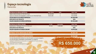 ENTREGA DE MÍDIA IMPRESSA                                        Valor Bruto     Qtde          Valor Total
Página indeterminada em VEJA São Paulo                           R$ 126.000       3            R$ 378.000
Logo nos materiais de divulgação e cobertura em VEJA São Paulo    R$ 25.200       5            R$ 126.000
VALOR BRUTO DE MÍDIA IMPRESSA                                                                 R$ 504.000
DESCONTO DO PROJETO                                                                              30%
VALOR LÍQUIDO DE MÍDIA IMPRESSA                                                               R$ 352.800

ENTREGA DE MÍDIA ONLINE                                            C.P.M.      Impressões      Valor Total
Superbanner / Retângulo R.O.S. em VEJA.com                         R$ 125       2.000.000      R$ 100.800
DESCONTO DO PROJETO                                                                              60%
VALOR LÍQUIDO DE MÍDIA ONLINE                                                                 R$ 40.320

ENTREGA TOTAL NEGOCIADA DE MÍDIA                                                              R$ 393.120

PARTICIPAÇÃO E ATIVAÇÃO NO EVENTO                                                             R$ 256.880


                                                                                  Valor Bruto Negociado:
                                                                                 R$ 650.000
                                                                                                             30
 
