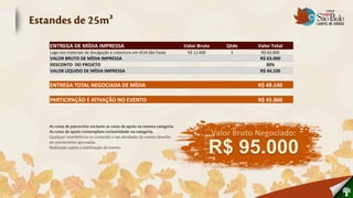 ENTREGA DE MÍDIA IMPRESSA                                        Valor Bruto      Qtde     Valor Total
Logo nos materiais de divulgação e cobertura em VEJA São Paulo    R$ 12.600         5       R$ 63.000
VALOR BRUTO DE MÍDIA IMPRESSA                                                               R$ 63.000
DESCONTO DO PROJETO                                                                           30%
VALOR LÍQUIDO DE MÍDIA IMPRESSA                                                             R$ 44.100

ENTREGA TOTAL NEGOCIADA DE MÍDIA                                                           R$ 49.140

PARTICIPAÇÃO E ATIVAÇÃO NO EVENTO                                                          R$ 45.860




                                                                               Valor Bruto Negociado:

                                                                              R$ 95.000
 