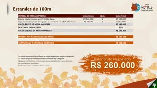 ENTREGA DE MÍDIA IMPRESSA                                        Valor Bruto      Qtde     Valor Total
Página indeterminada em VEJA São Paulo                           R$ 126.000        1       R$ 126.000
Logo nos materiais de divulgação e cobertura em VEJA São Paulo    R$ 12.600        5       R$ 63.000
VALOR BRUTO DE MÍDIA IMPRESSA                                                              R$ 189.000
DESCONTO DO PROJETO                                                                           30%
VALOR LÍQUIDO DE MÍDIA IMPRESSA                                                            R$ 132.300

ENTREGA TOTAL NEGOCIADA DE MÍDIA                                                           R$ 147.420

PARTICIPAÇÃO E ATIVAÇÃO NO EVENTO                                                          R$ 112.580




                                                                               Valor Bruto Negociado:

                                                                        R$ 260.000
 