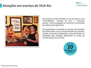 Ativações em eventos de VEJA Rio
Nos eventos de VEJA realizados no Rio de Janeiro, como
“Comer&Beber”, “Cariocas do Ano” e “Camarote
Sapucaí”, haverá divulgação do movimento e distribuição
dos adesivos de engajamento.
Esta ação poderá ser replicada em eventos não realizados
pela Editora Abril, como a Jornada Mundial da Juventude,
a ArtRio, a Copa das Confederações / Copa do Mundo e as
Olimpíadas (sob avaliação, dependendo da análise do
contrato de parceiro de mídia)
2013 / 2016
20Ativações em
eventos
*
*Número previsto de eventos
 