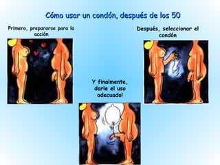 Cómo usar un condón, después de los 50 Primero, prepararse para la acción Después, seleccionar el condón Y finalmente, darle el uso adecuado! 