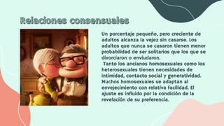 Un porcentaje pequeño, pero creciente de
adultos alcanza la vejez sin casarse. Los
adultos que nunca se casaron tienen menor
probabilidad de ser solitarios que los que se
divorciaron o enviudaron.
Tanto los ancianos homosexuales como los
heterosexuales tienen necesidades de
intimidad, contacto social y generatividad.
Muchos homosexuales se adaptan al
envejecimiento con relativa facilidad. El
ajuste es influido por la condición de la
revelación de su preferencia.
 
