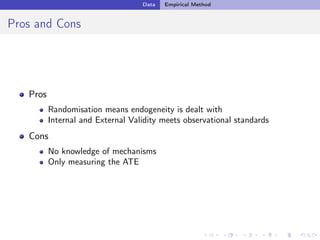 Data Empirical Method
Pros and Cons
Pros
Randomisation means endogeneity is dealt with
Internal and External Validity meets observational standards
Cons
No knowledge of mechanisms
Only measuring the ATE
 